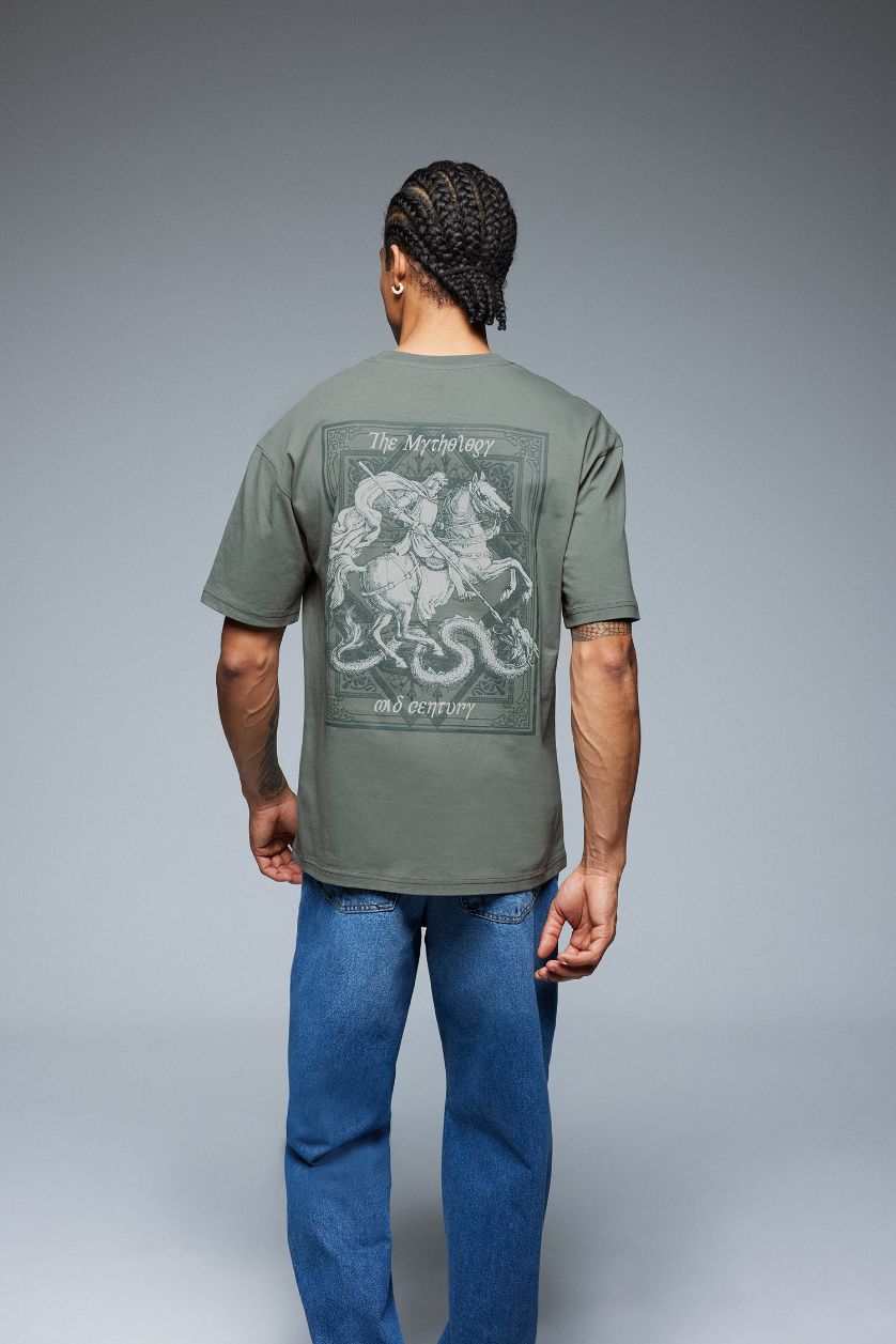 رجالي أخضر تيشيرت نص كم اوفر سايز برقبة مستديرة بطبعة من الخلف