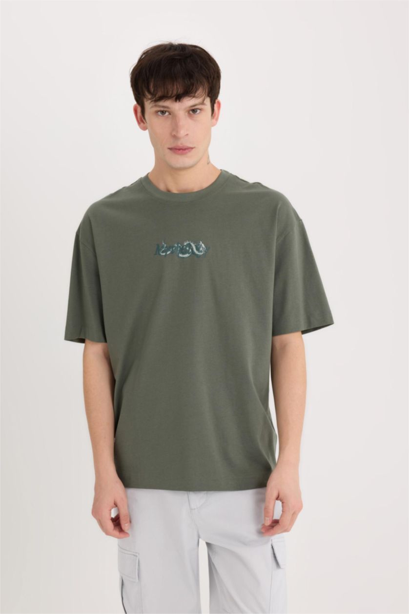 رجالي أخضر تيشيرت نص كم اوفر سايز برقبة مستديرة بطبعة من الخلف