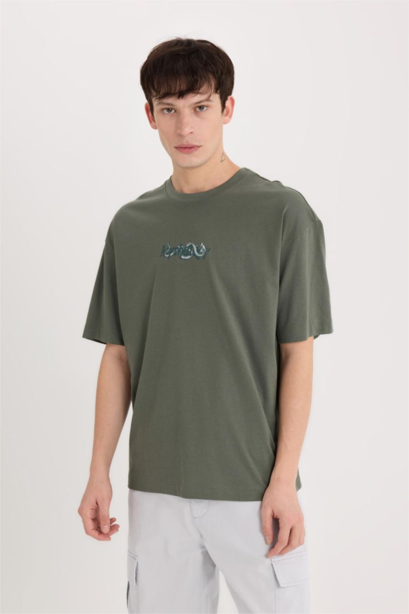 رجالي أخضر تيشيرت نص كم اوفر سايز برقبة مستديرة بطبعة من الخلف