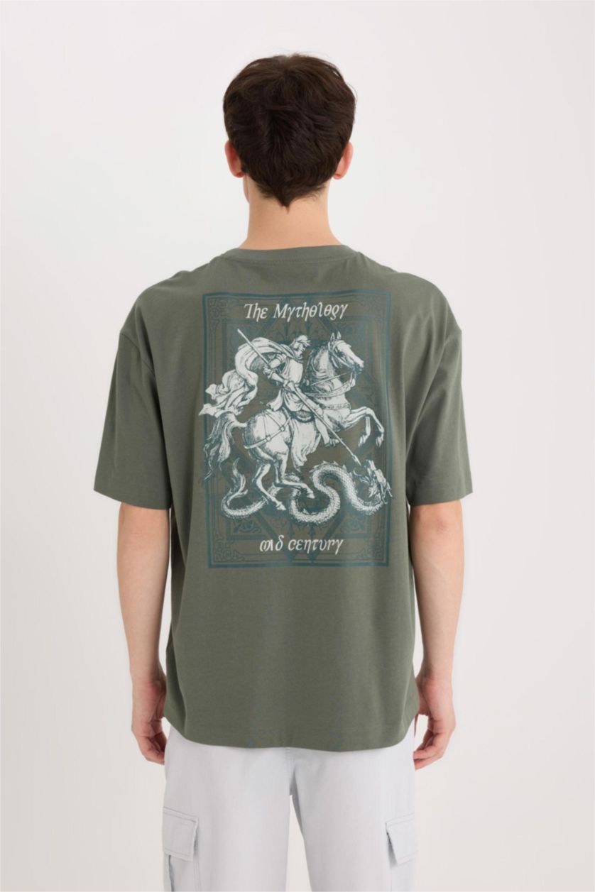 رجالي أخضر تيشيرت نص كم اوفر سايز برقبة مستديرة بطبعة من الخلف