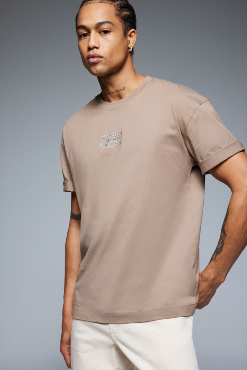 Man Light Brown Oversiz Fit Crew Neck Back Printed T-Shirt