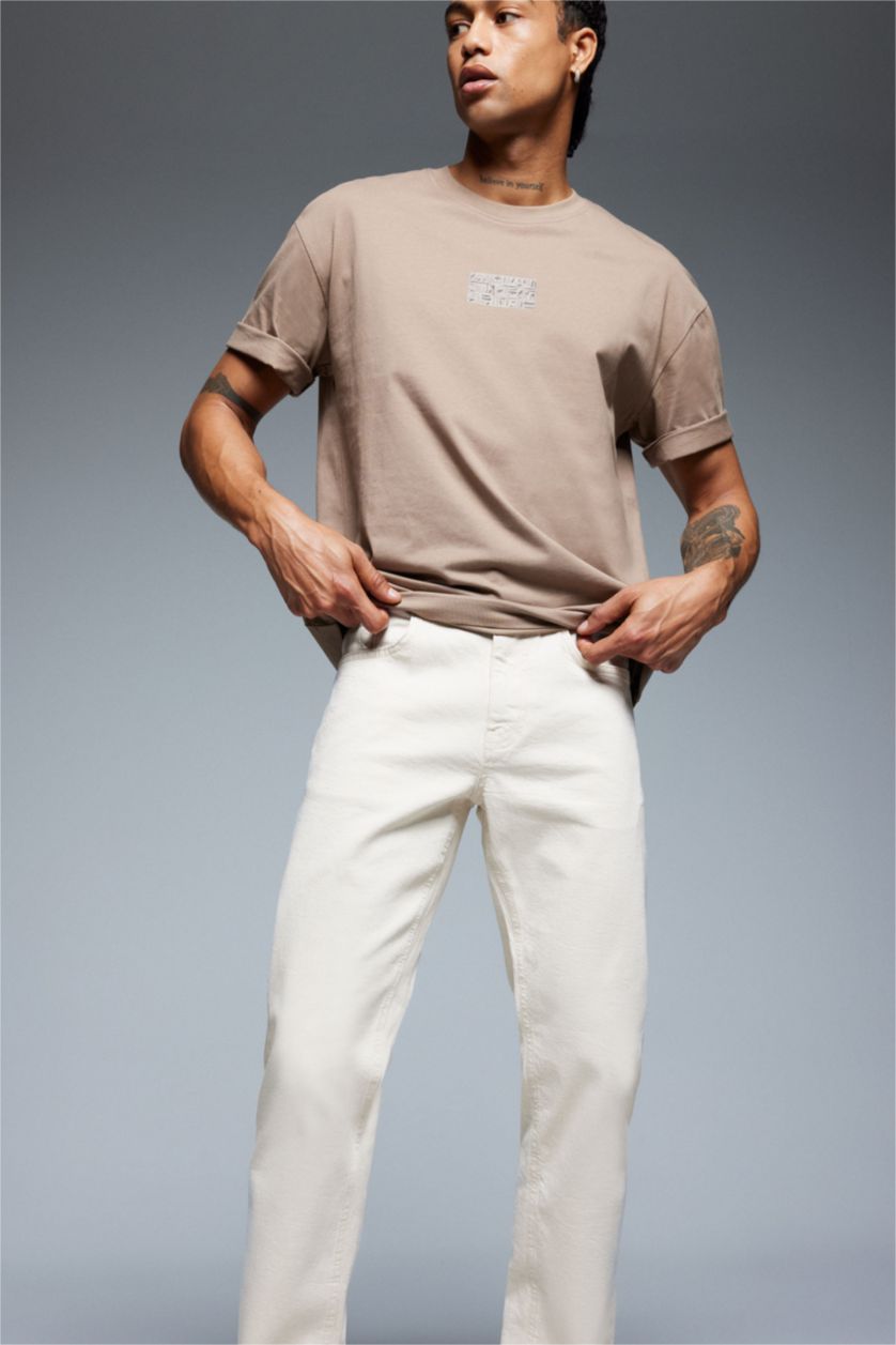 Man Light Brown Oversiz Fit Crew Neck Back Printed T-Shirt