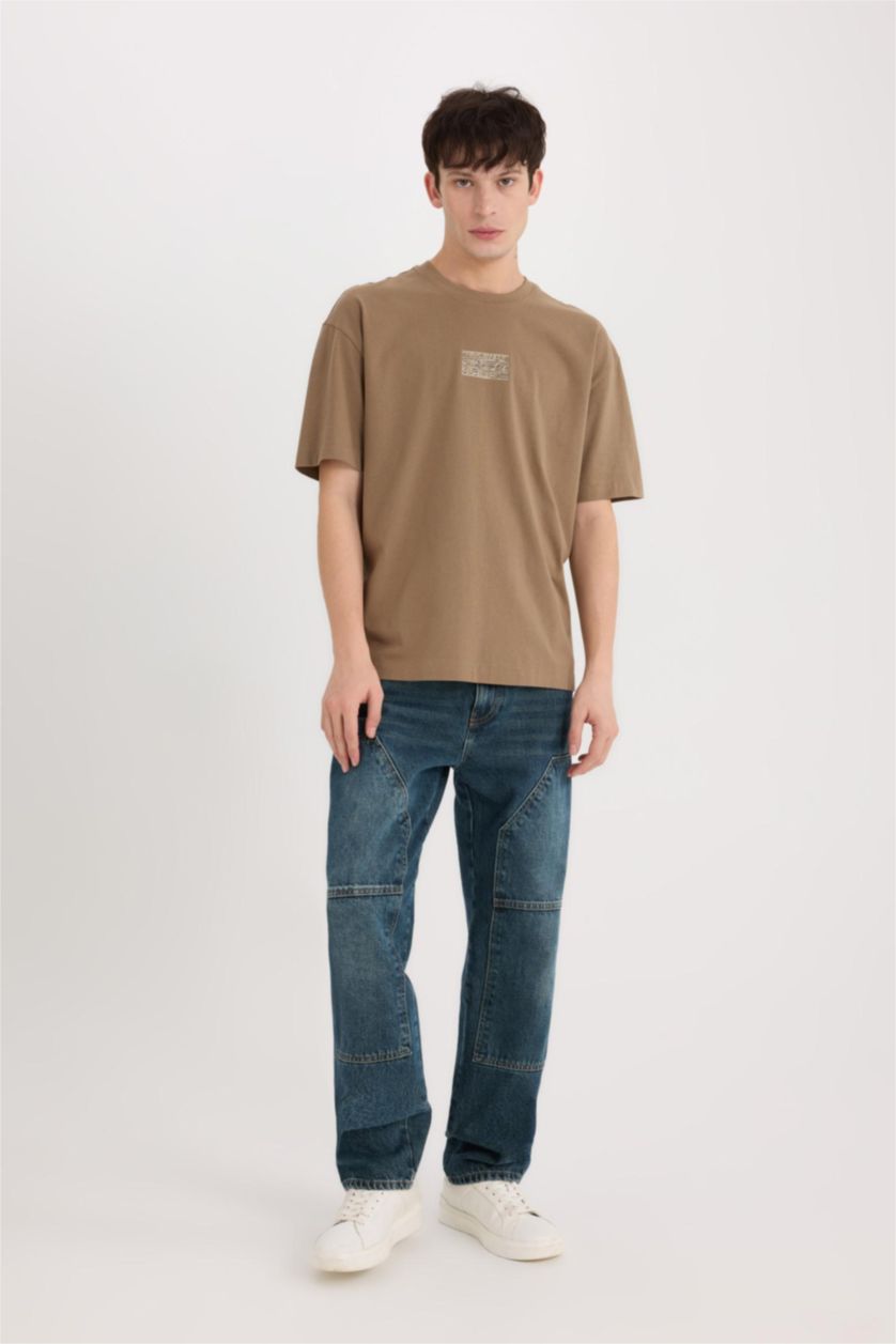 Man Light Brown Oversiz Fit Crew Neck Back Printed T-Shirt