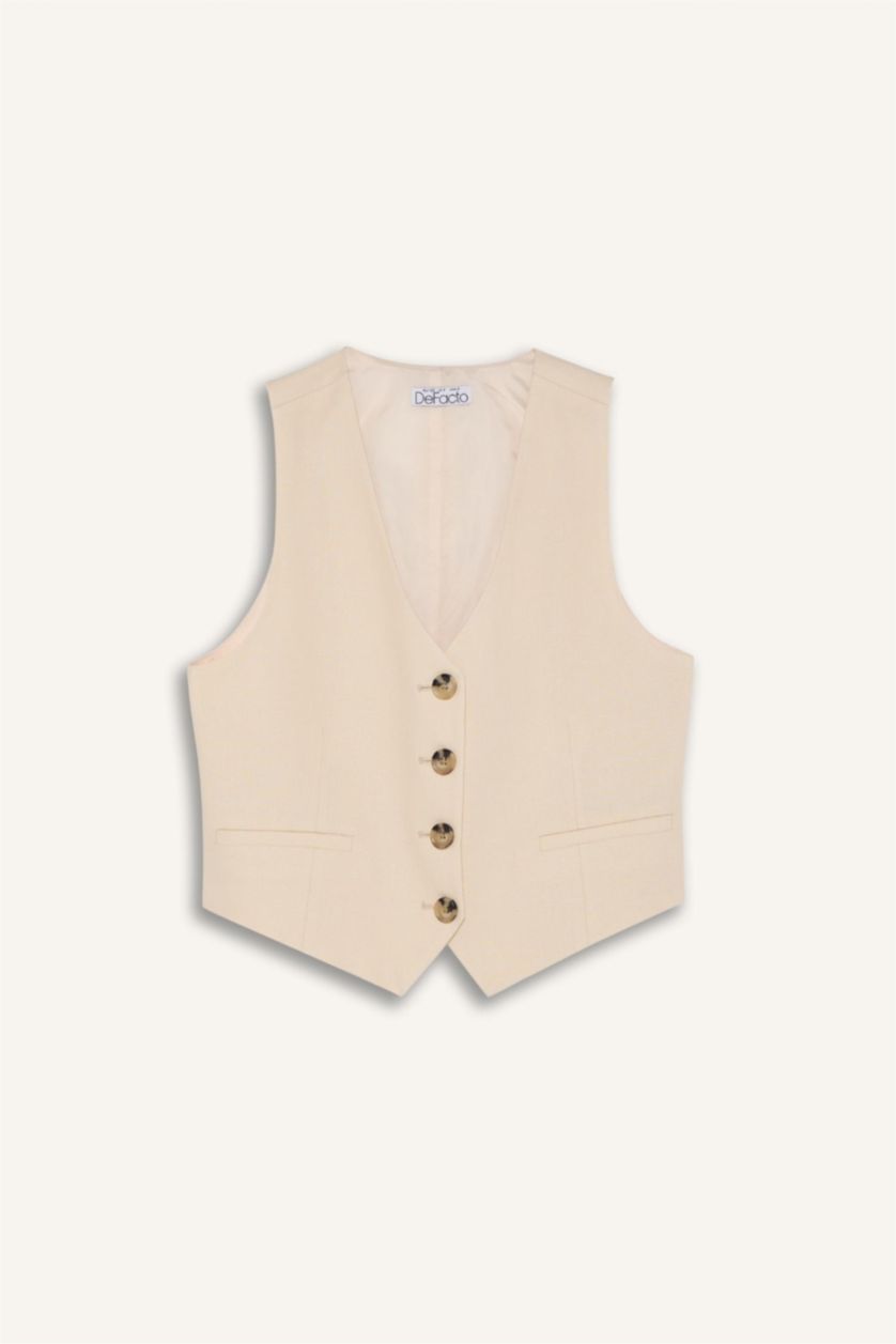 Әйелдерге ашық реңк v жаға тафетта зығыр қоспасы Жилет