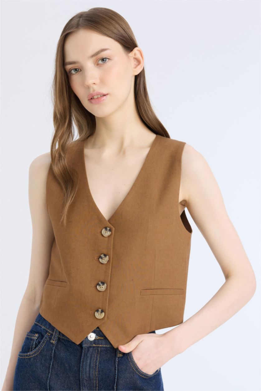 Woman Brown V Neck Linen Blend Vest