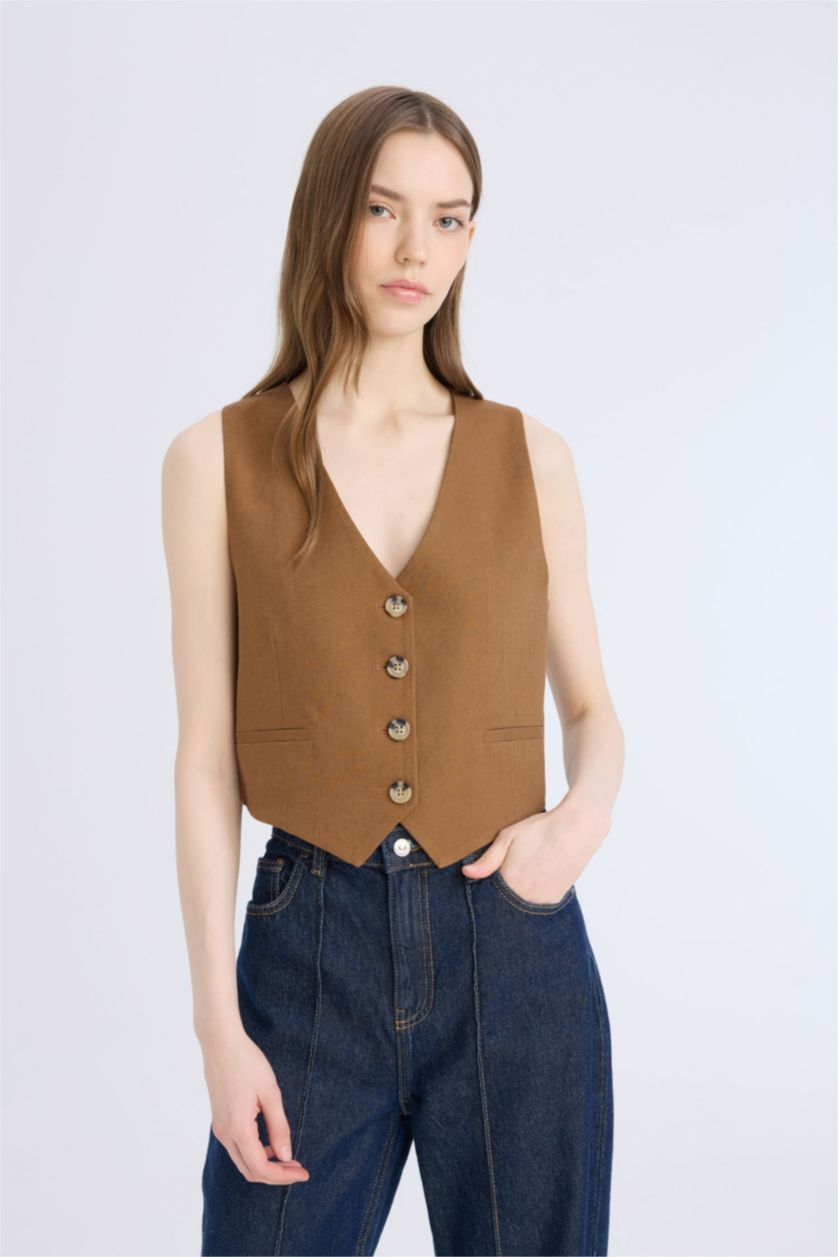 Woman Brown V Neck Linen Blend Vest