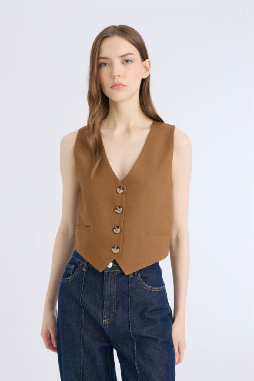 Woman Brown V Neck Linen Blend Vest