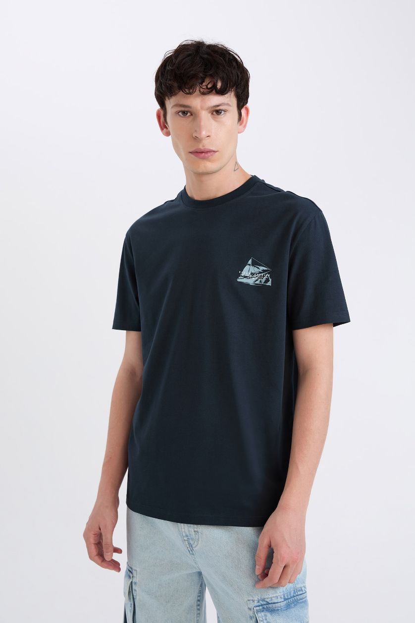 رجالي كحلي تيشيرت قطن نص كم قصة عادية برقبة مستديرة