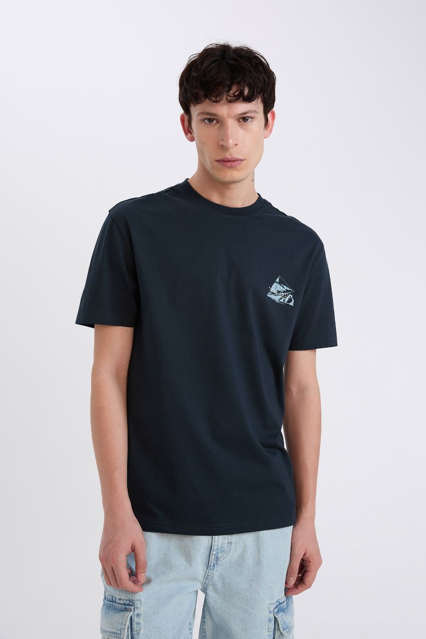 رجالي كحلي تيشيرت قطن نص كم قصة عادية برقبة مستديرة