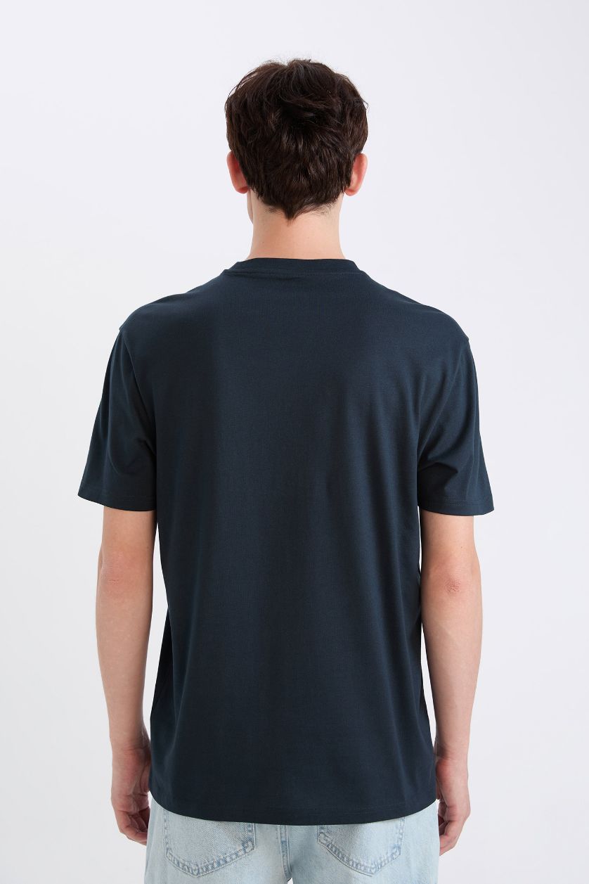 رجالي كحلي تيشيرت قطن نص كم قصة عادية برقبة مستديرة