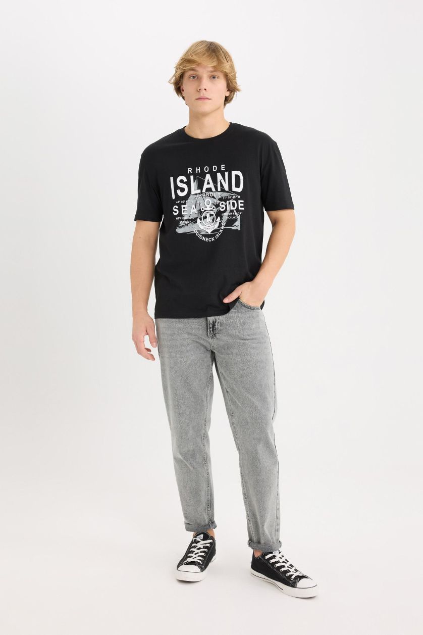 Erkek Siyah %100 Pamuk Regular Fit Bisiklet Yaka Baskılı Kısa Kollu Tişört