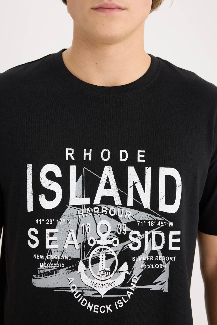 Erkek Siyah %100 Pamuk Regular Fit Bisiklet Yaka Baskılı Kısa Kollu Tişört