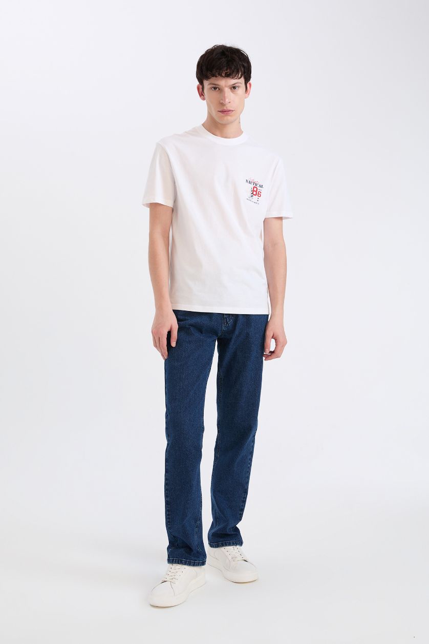 Erkek Beyaz %100 Pamuk Regular Fit Bisiklet Yaka Baskılı Kısa Kollu Tişört