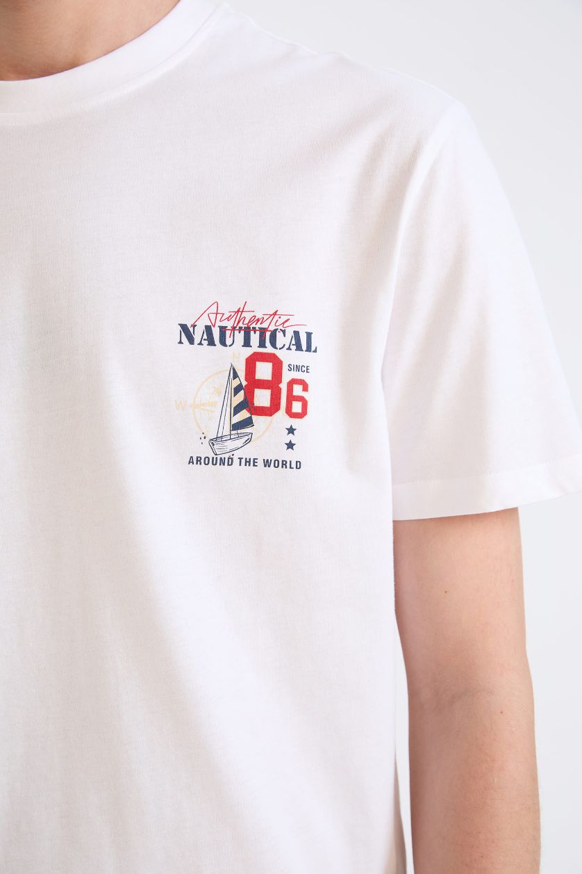 Erkek Beyaz %100 Pamuk Regular Fit Bisiklet Yaka Baskılı Kısa Kollu Tişört