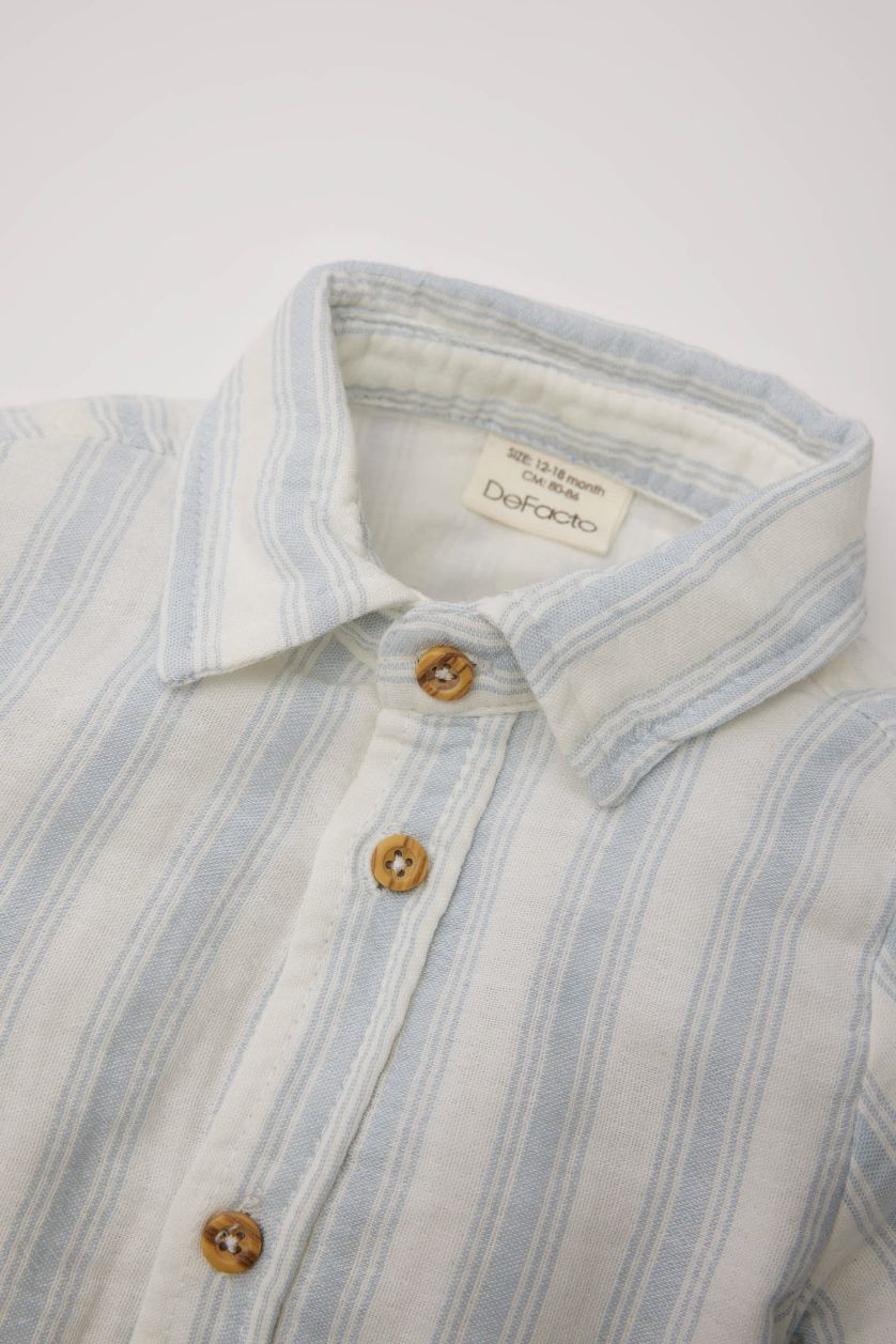 Erkek Bebek Açık Mavi Çizgili Uzun Kollu Gömlek Erkek Bebek