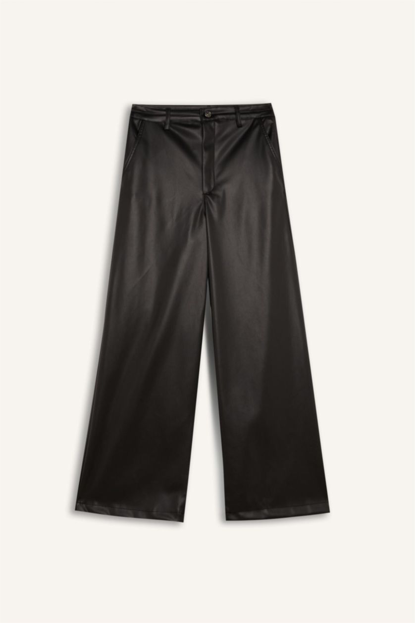 Kadın Siyah Culotte Suni Deri Kışlık Pantolon  Cepli Yüksek Bel Geniş Paça