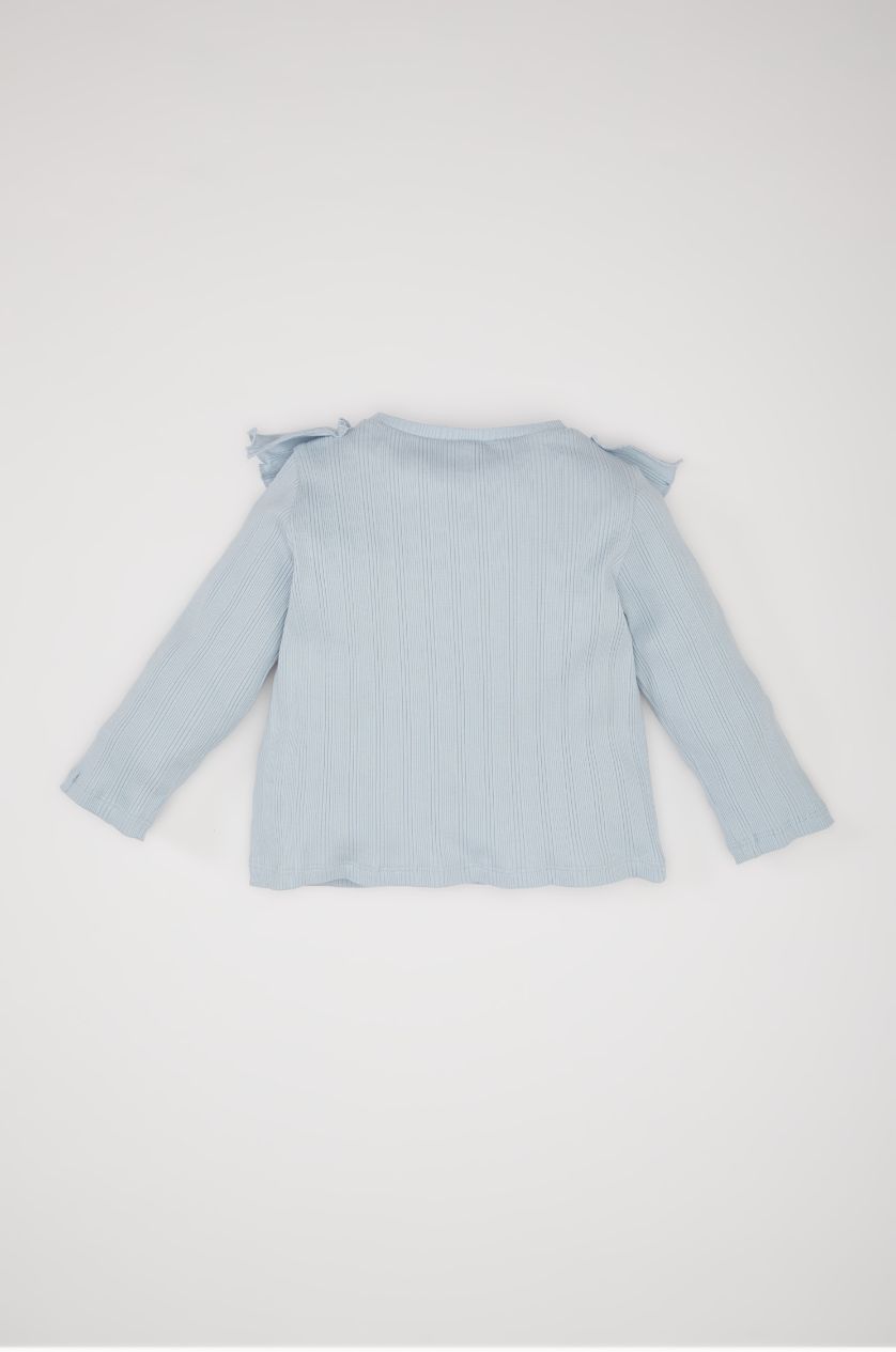 طفلة صغيرة أزرق فاتح تيشيرت ردن طويل مضلع قصة عادية بياخة مستديرة