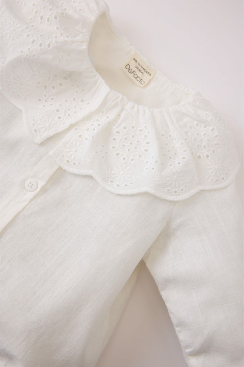 طفلة صغيرة بيج فاتح قميص بنات كم طويل قصة عادية برقبة بالدانتيل