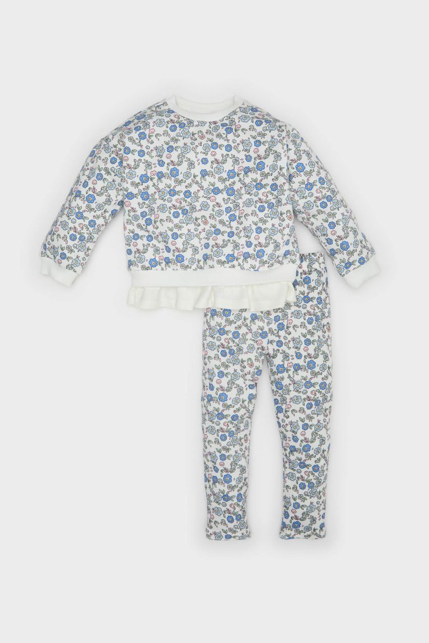 Kız Bebek Ekru 2'li Takım Çiçekli Sweatshirt Beli Lastikli Tayt Kız Bebek