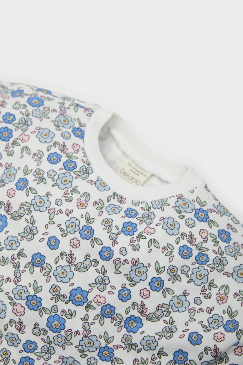 Kız Bebek Ekru 2'li Takım Çiçekli Sweatshirt Beli Lastikli Tayt Kız Bebek