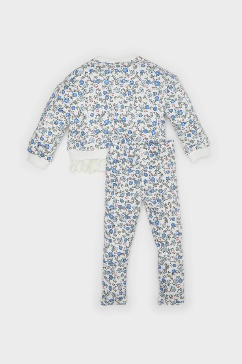 Kız Bebek Ekru 2'li Takım Çiçekli Sweatshirt Beli Lastikli Tayt Kız Bebek