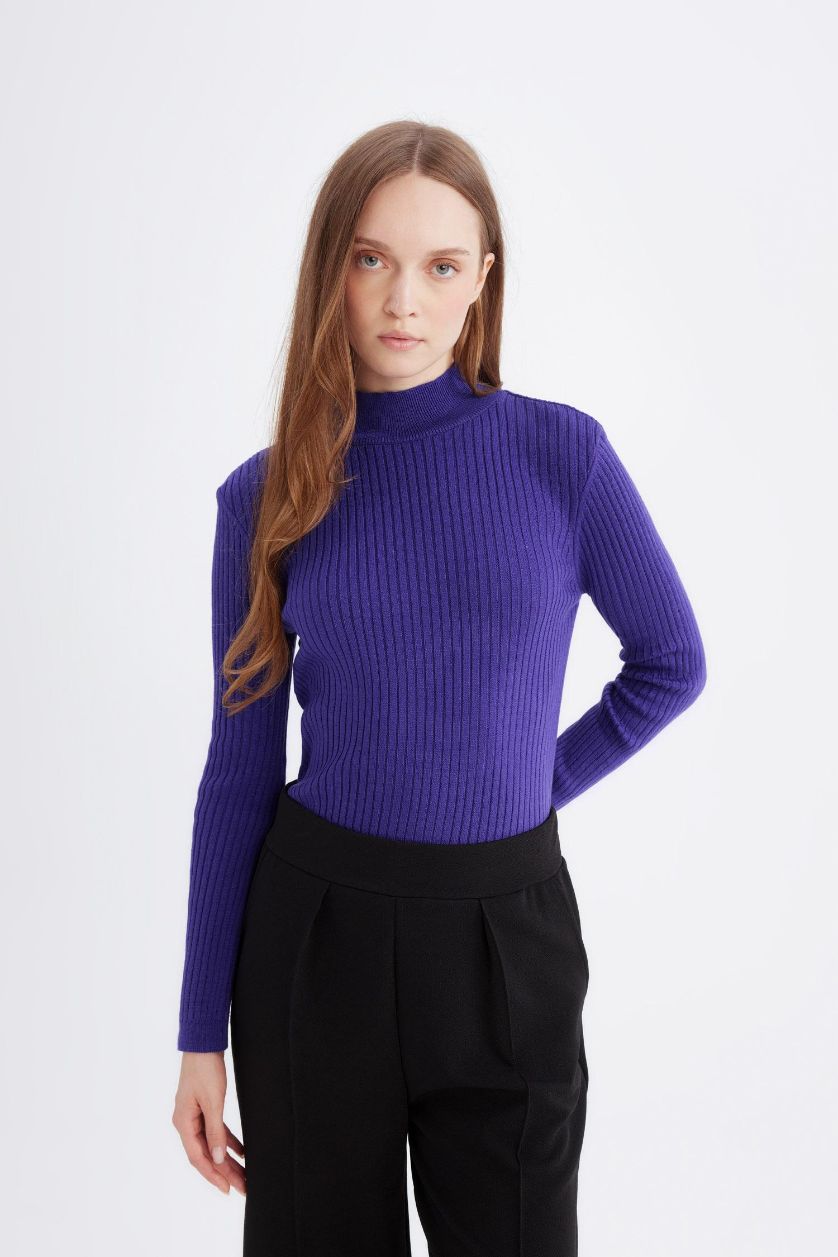 Kadın Mor Regular Fit Yarım Balıkçı Yaka Basic Düz Triko Kazak