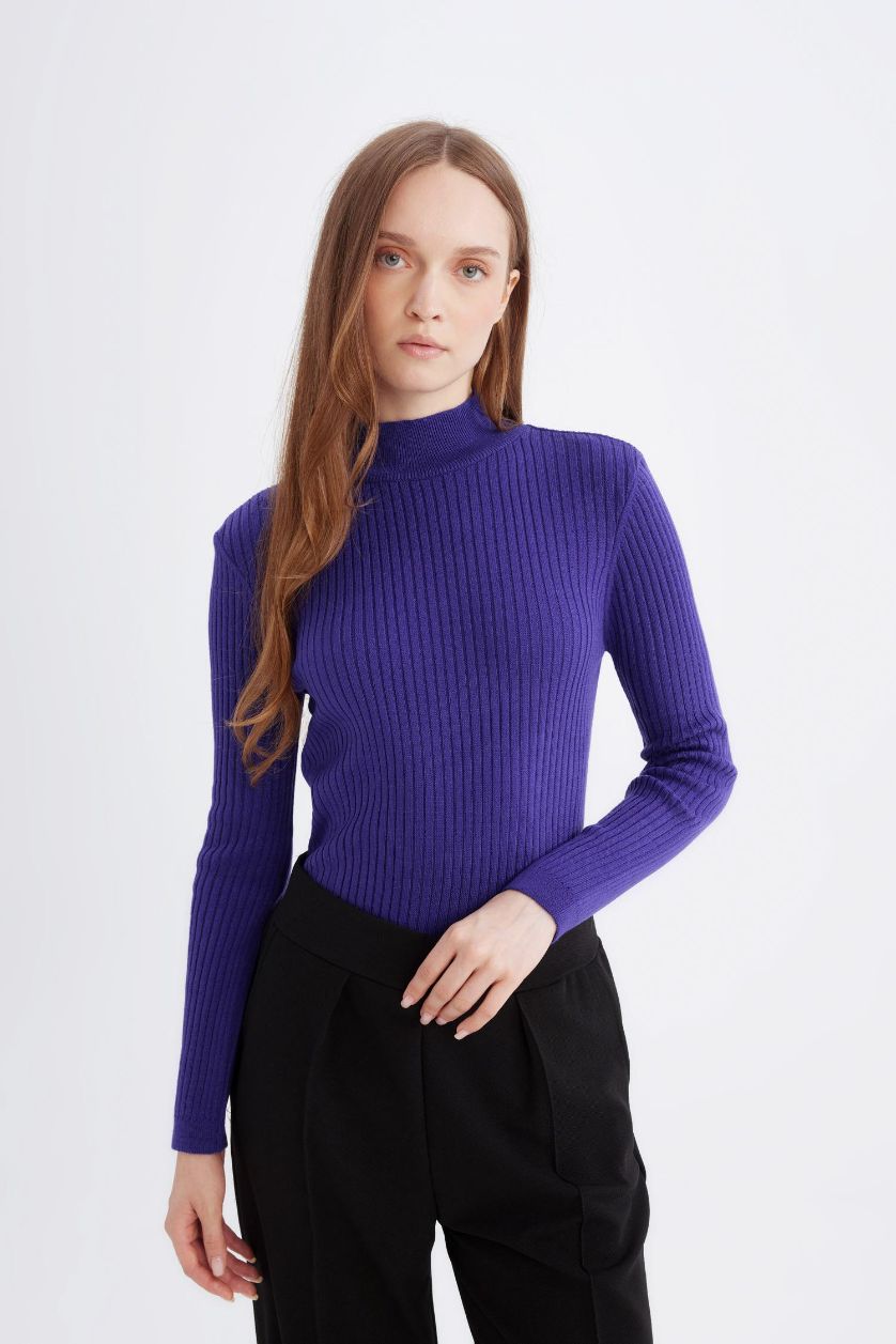 Kadın Mor Regular Fit Yarım Balıkçı Yaka Basic Düz Triko Kazak