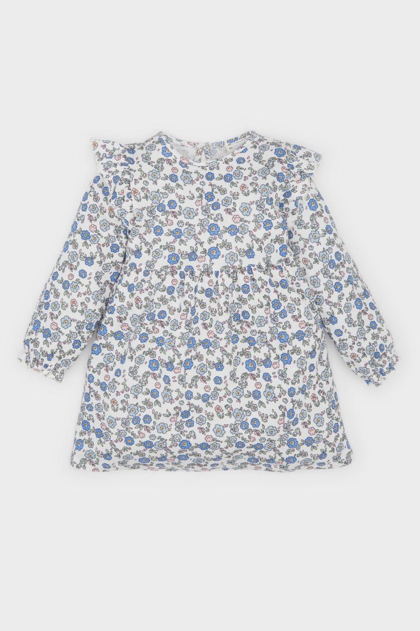 Kız Bebek Ekru Çiçekli Uzun Kollu Waffle Elbise Kız Bebek