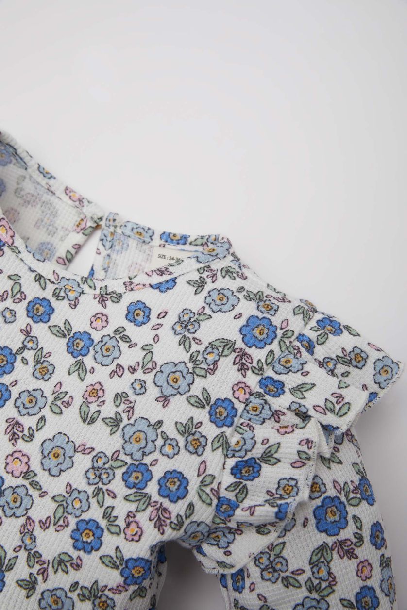 Kız Bebek Ekru Çiçekli Uzun Kollu Waffle Elbise Kız Bebek