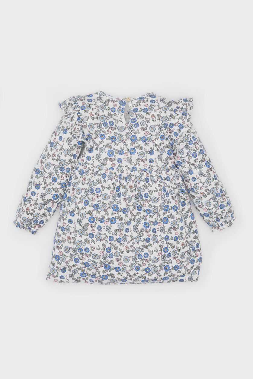 Kız Bebek Ekru Çiçekli Uzun Kollu Waffle Elbise Kız Bebek