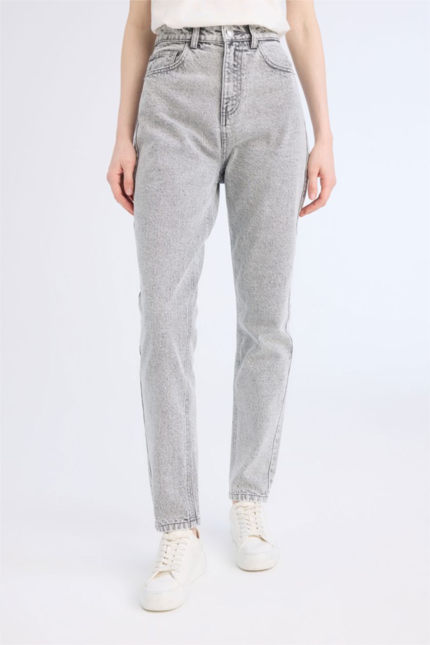 حريمي رمادي بنطلون جينز لينا موم فيت بخصر عالي