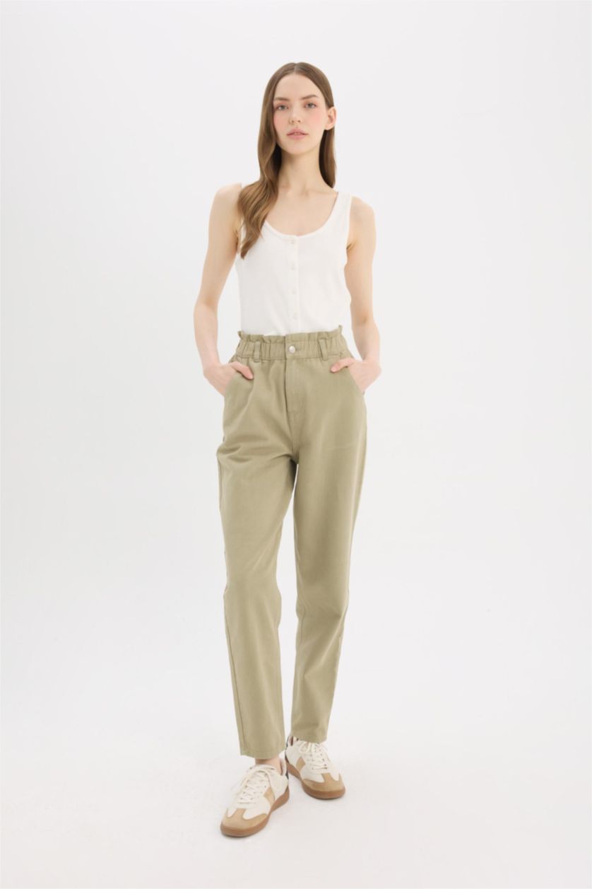 Женщины Светлый хаки Джинсы с высокой талией и манжетами, подвернутые, с эффектом потертости