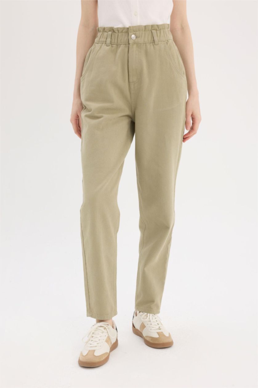 Женщины Светлый хаки Джинсы с высокой талией и манжетами, подвернутые, с эффектом потертости