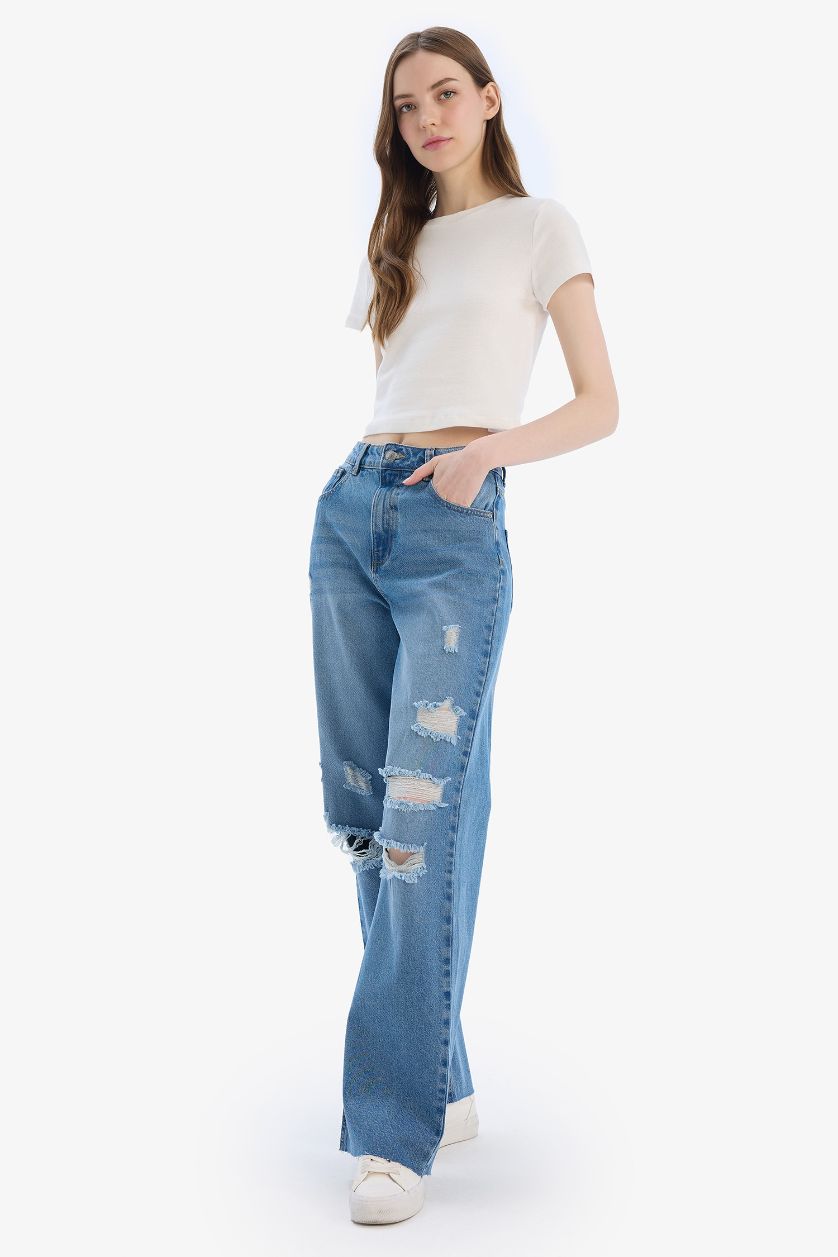 WOMAN Blue 90's Wide Leg Ripped Detailed High Waist Washed Jeans