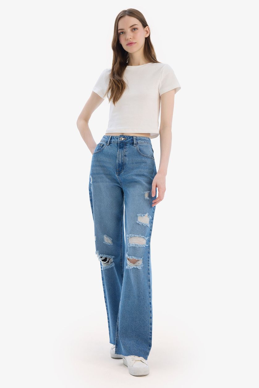 WOMAN Blue 90's Wide Leg Ripped Detailed High Waist Washed Jeans