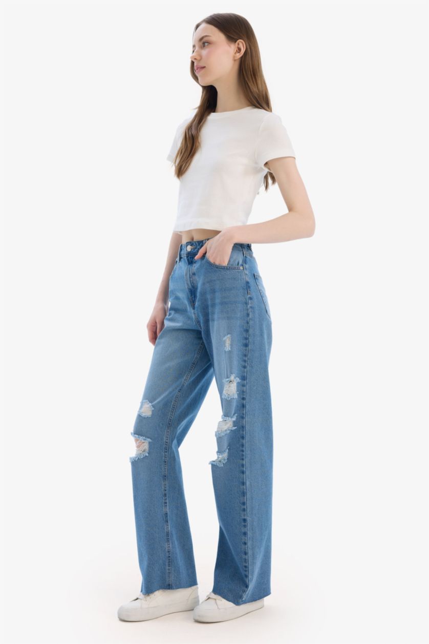 WOMAN Blue 90's Wide Leg Ripped Detailed High Waist Washed Jeans