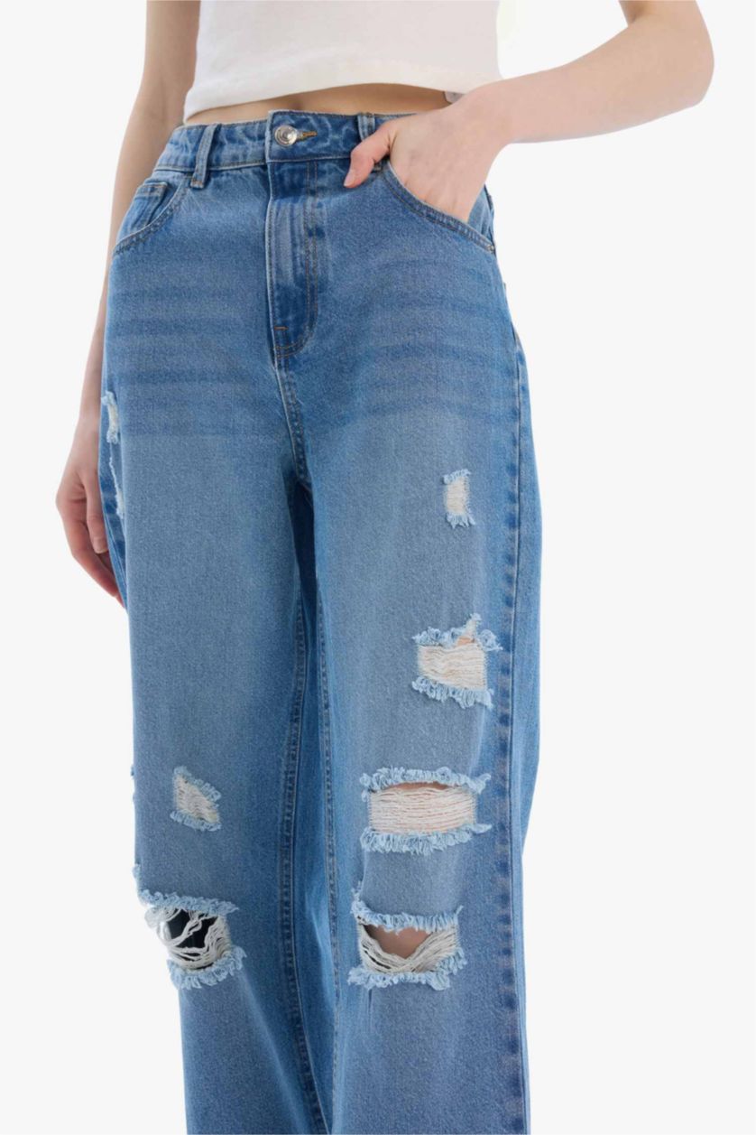WOMAN Blue 90's Wide Leg Ripped Detailed High Waist Washed Jeans
