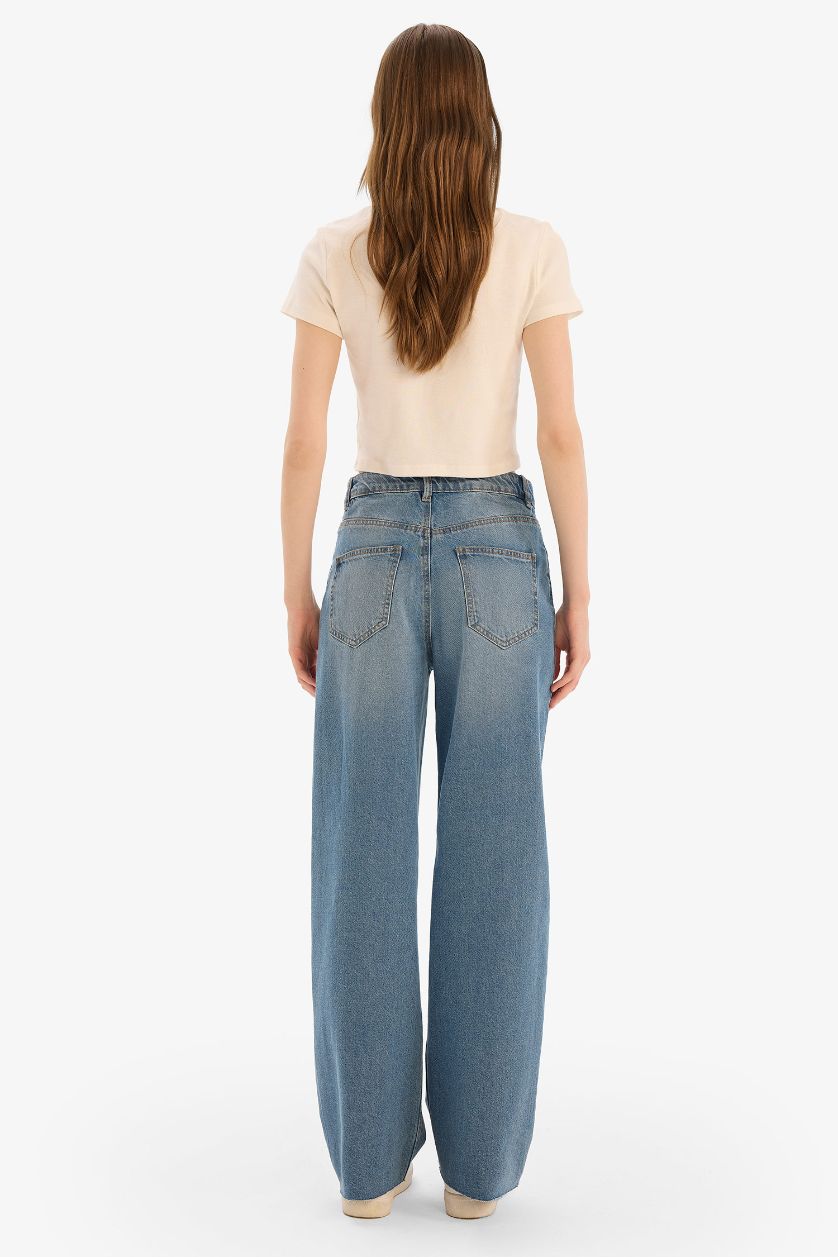 WOMAN Blue 90's Wide Leg Ripped Detailed High Waist Washed Jeans