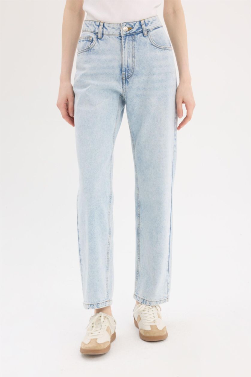 Женщины Светло-синий Джинсы с обычной посадкой на талии до щиколотки с эффектом стирки
