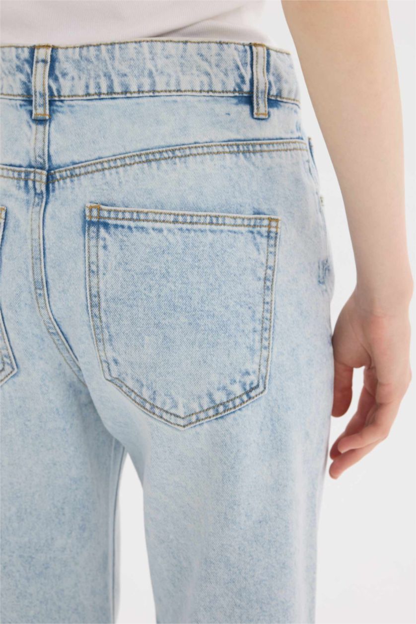 Женщины Светло-синий Джинсы с обычной посадкой на талии до щиколотки с эффектом стирки
