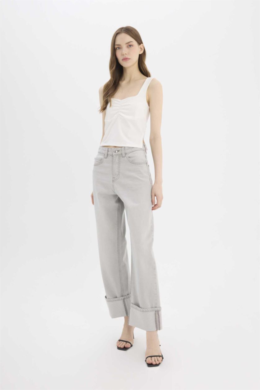 Женщины Серый Брюки джинсовые с высокой талией и отворотами, расслабленного кроя