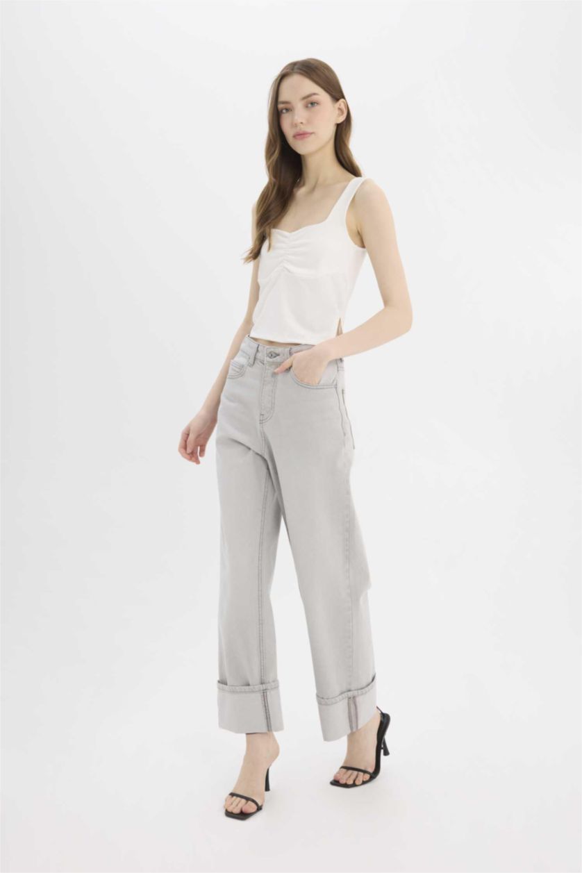 Женщины Серый Брюки джинсовые с высокой талией и отворотами, расслабленного кроя