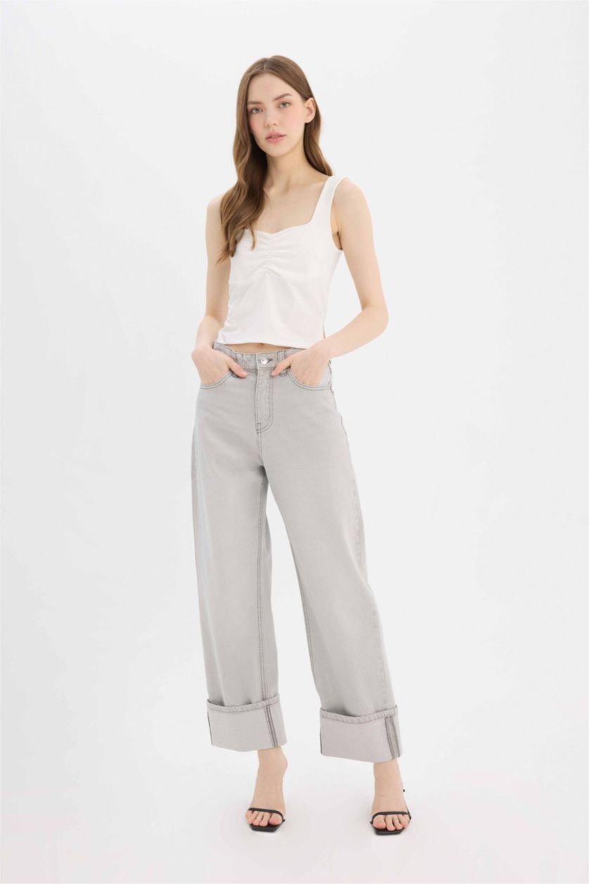 Женщины Серый Брюки джинсовые с высокой талией и отворотами, расслабленного кроя