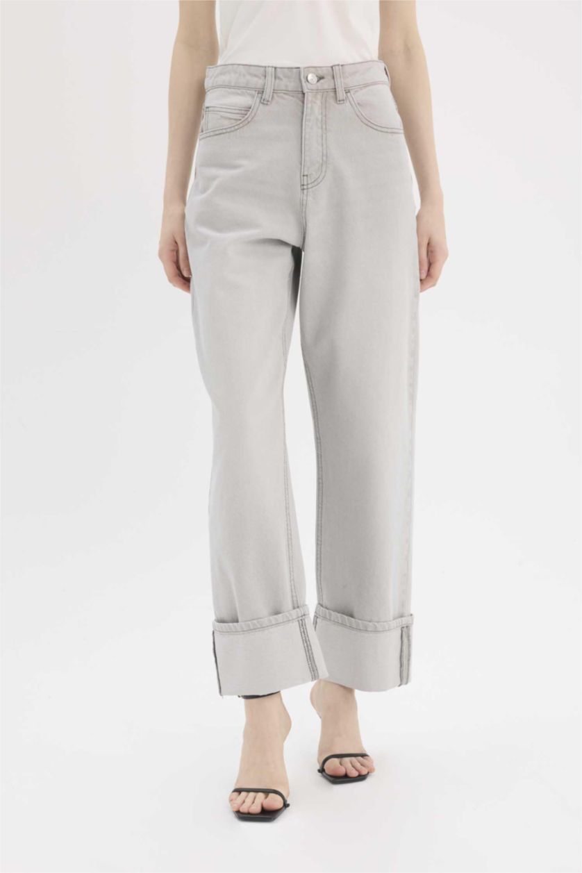 Женщины Серый Брюки джинсовые с высокой талией и отворотами, расслабленного кроя