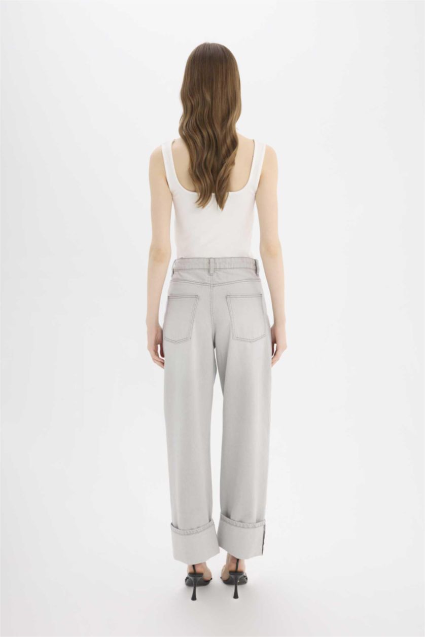 Женщины Серый Брюки джинсовые с высокой талией и отворотами, расслабленного кроя