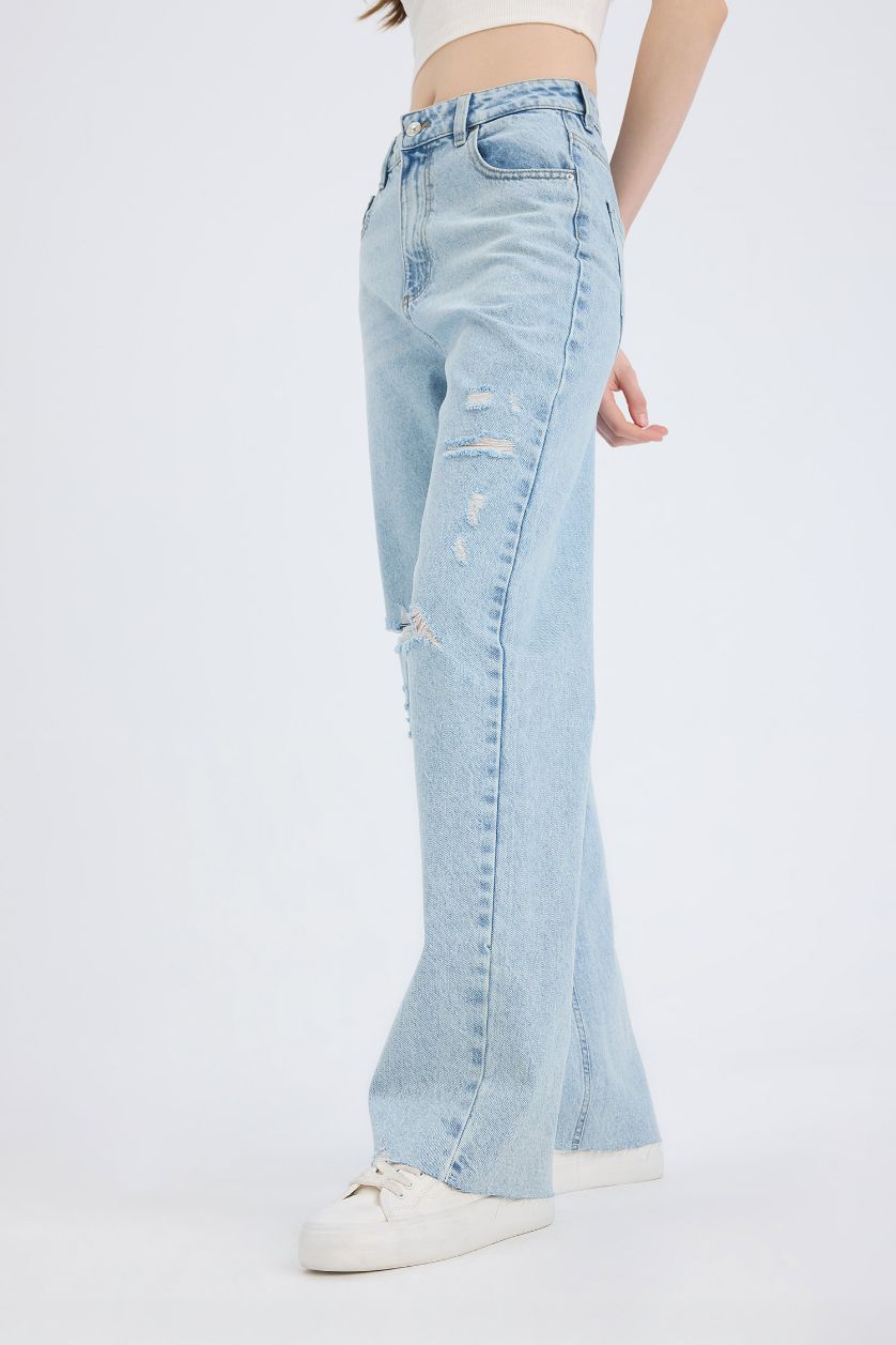 WOMAN Light Blue 90's Ripped Detailed High Waist Wide Leg Jeans