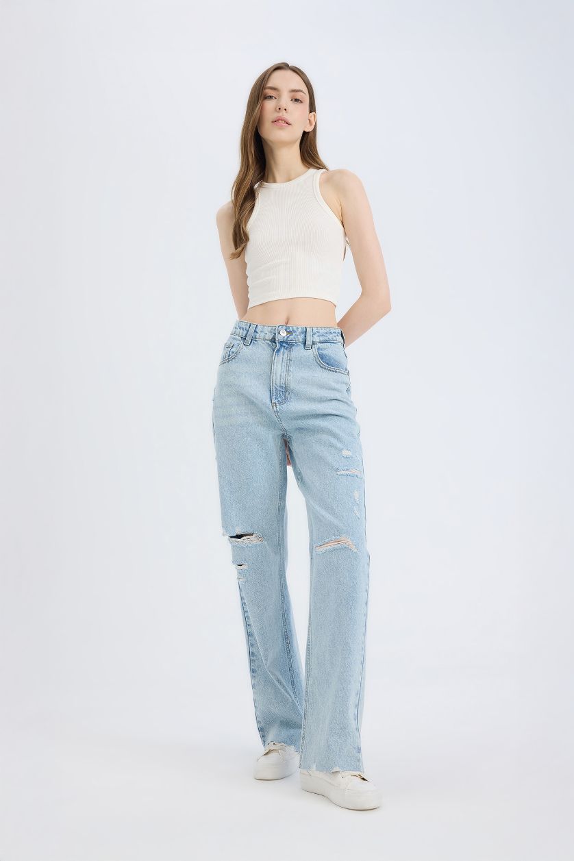 WOMAN Light Blue 90's Ripped Detailed High Waist Wide Leg Jeans