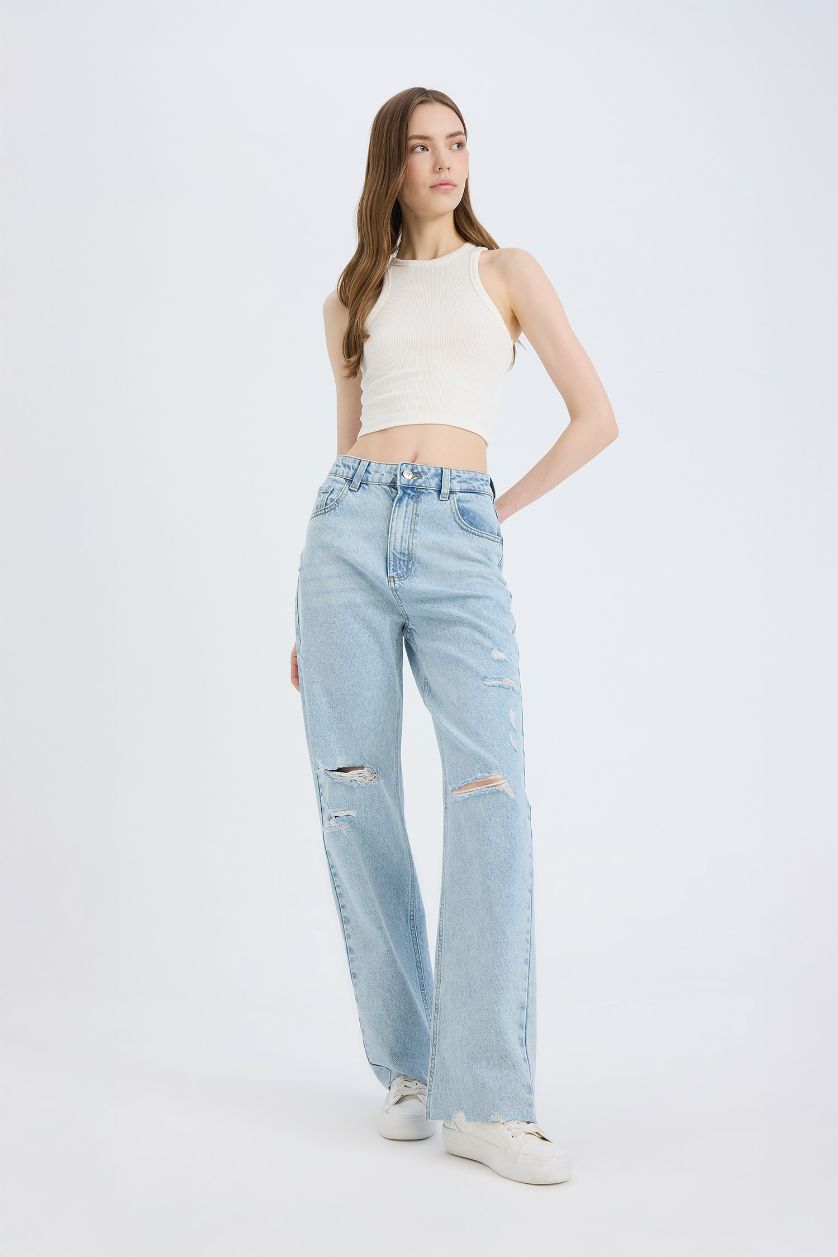 WOMAN Light Blue 90's Ripped Detailed High Waist Wide Leg Jeans