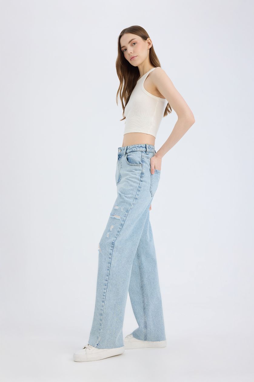 WOMAN Light Blue 90's Ripped Detailed High Waist Wide Leg Jeans