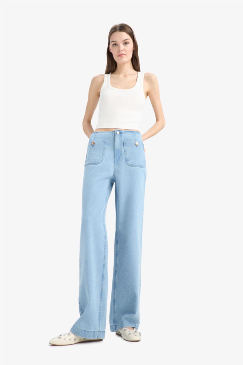 Kadın Mavi 90's Wıde Leg Yüksek Bel Düz Paça Uzun Jean Kar Yıkamalı Pantolon